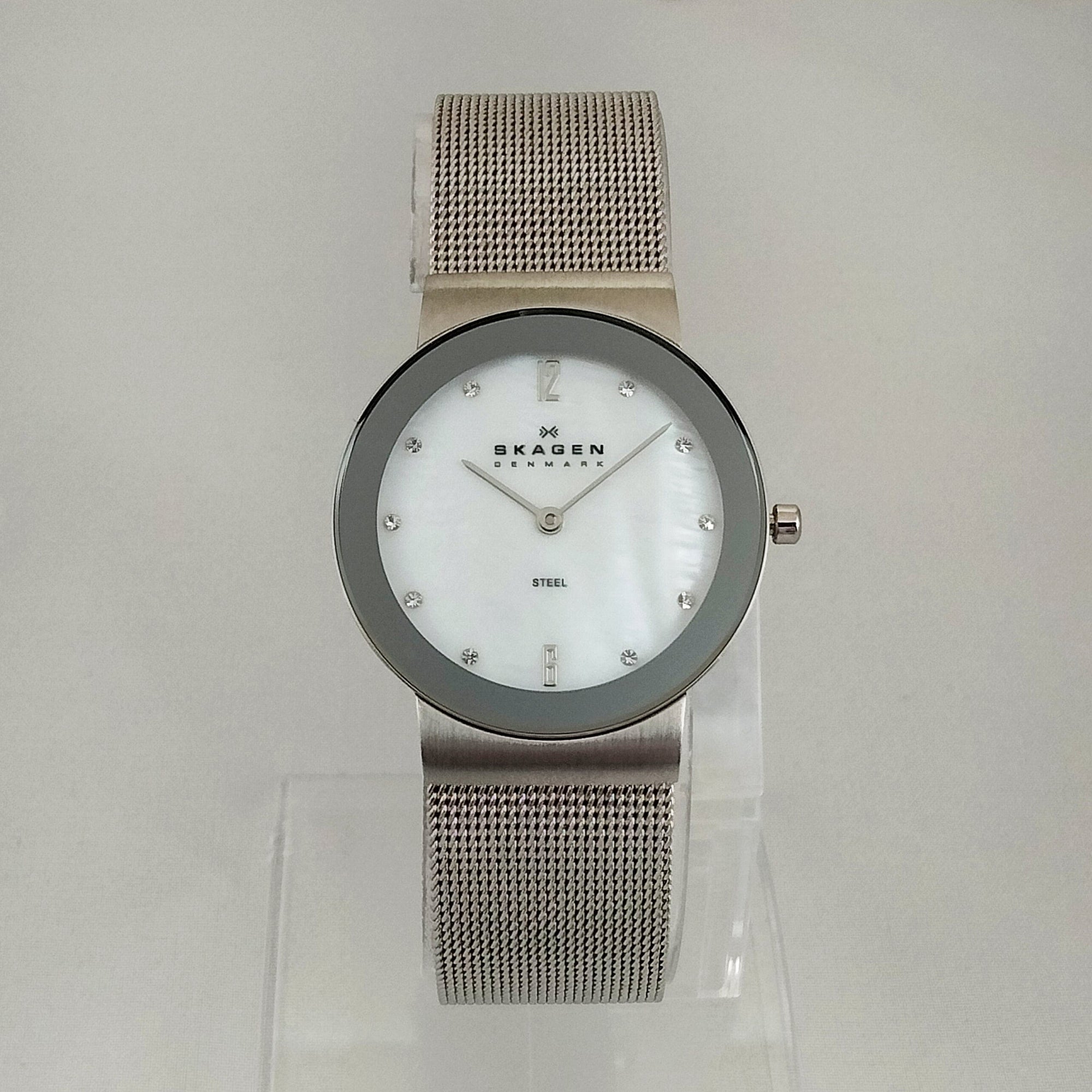 I Like Mikes Mid Century Modern Watches Skagen Unisex Stainless Steel Watch, Mother of Pearl Dial, Jewel Hour Markers, Mesh Strap