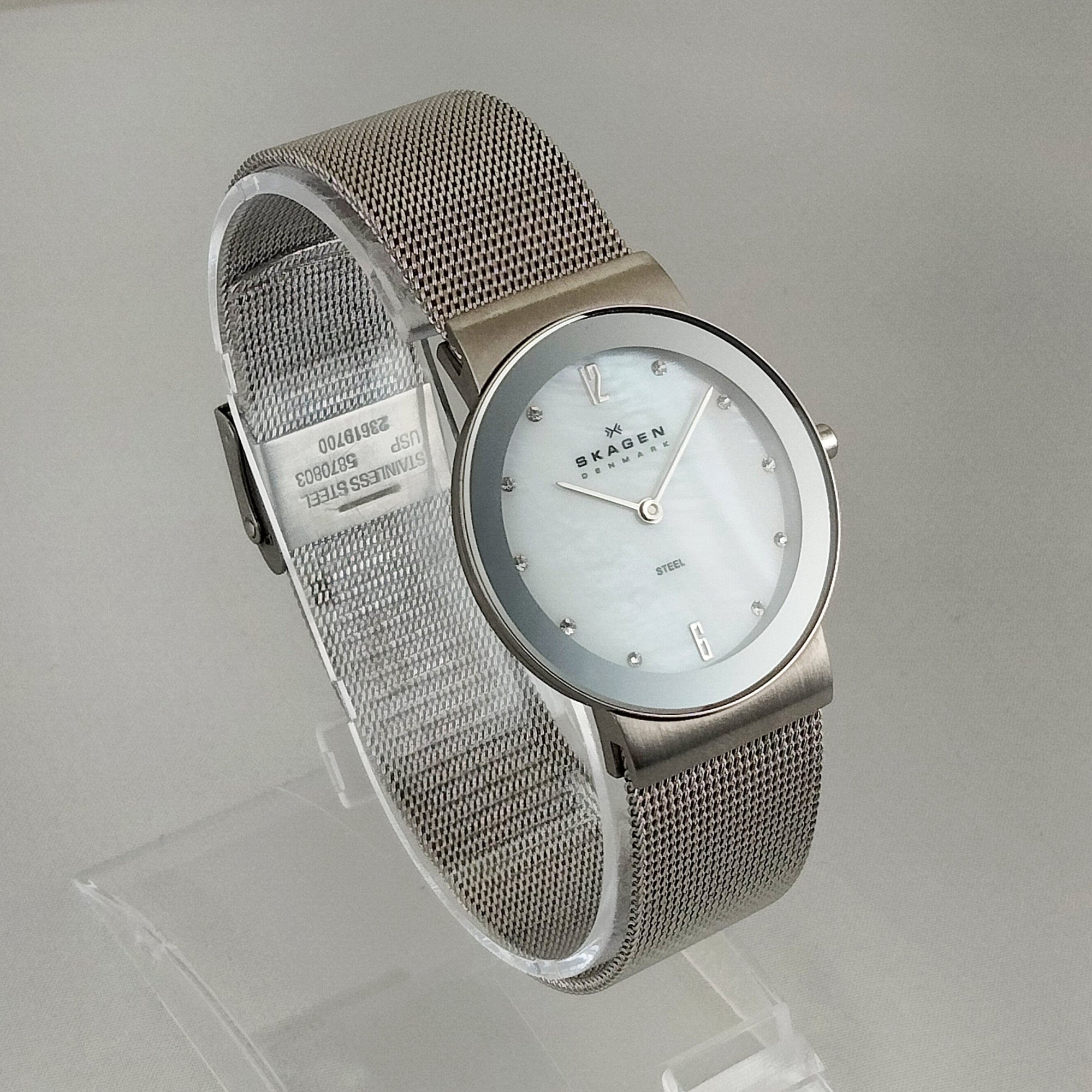 I Like Mikes Mid Century Modern Watches Skagen Unisex Stainless Steel Watch, Mother of Pearl Dial, Jewel Hour Markers, Mesh Strap