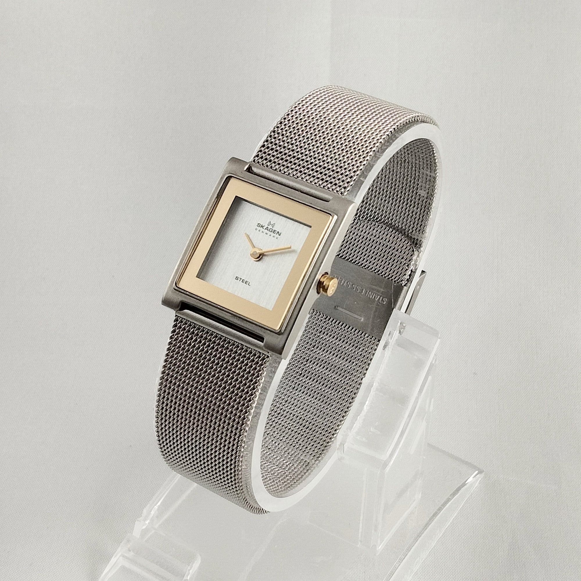 I Like Mikes Mid Century Modern Watches Skagen Unisex Stainless Steel Watch, Square Dial, Gold Tone Details, Mesh Strap