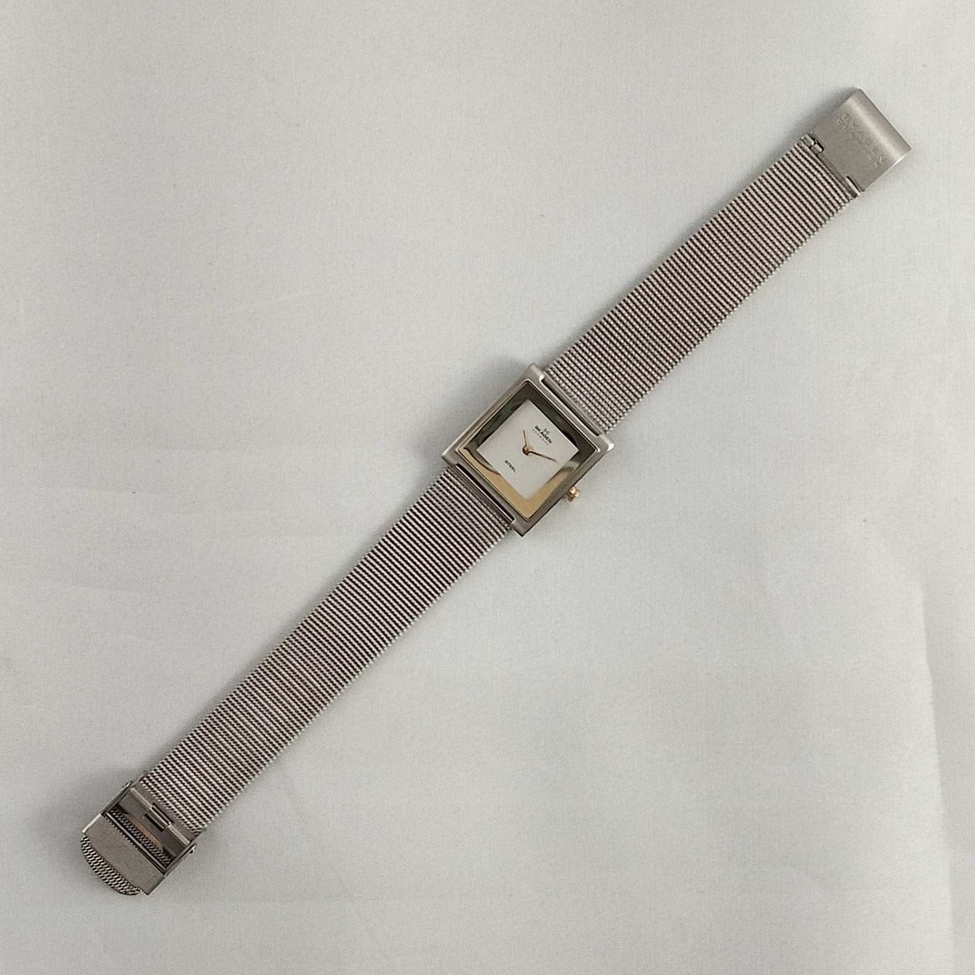 I Like Mikes Mid Century Modern Watches Skagen Unisex Stainless Steel Watch, Square Dial, Gold Tone Details, Mesh Strap