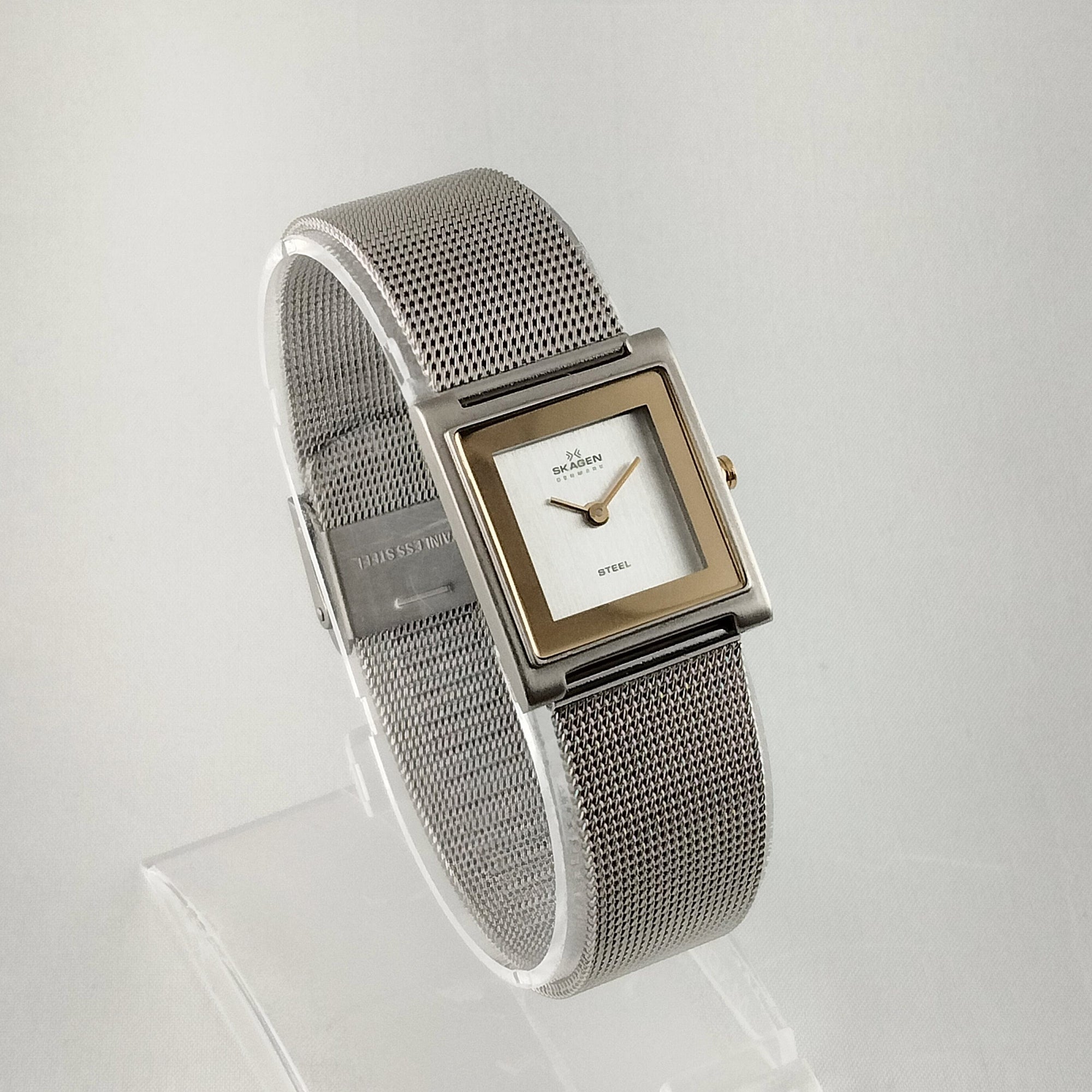 I Like Mikes Mid Century Modern Watches Skagen Unisex Stainless Steel Watch, Square Dial, Gold Tone Details, Mesh Strap