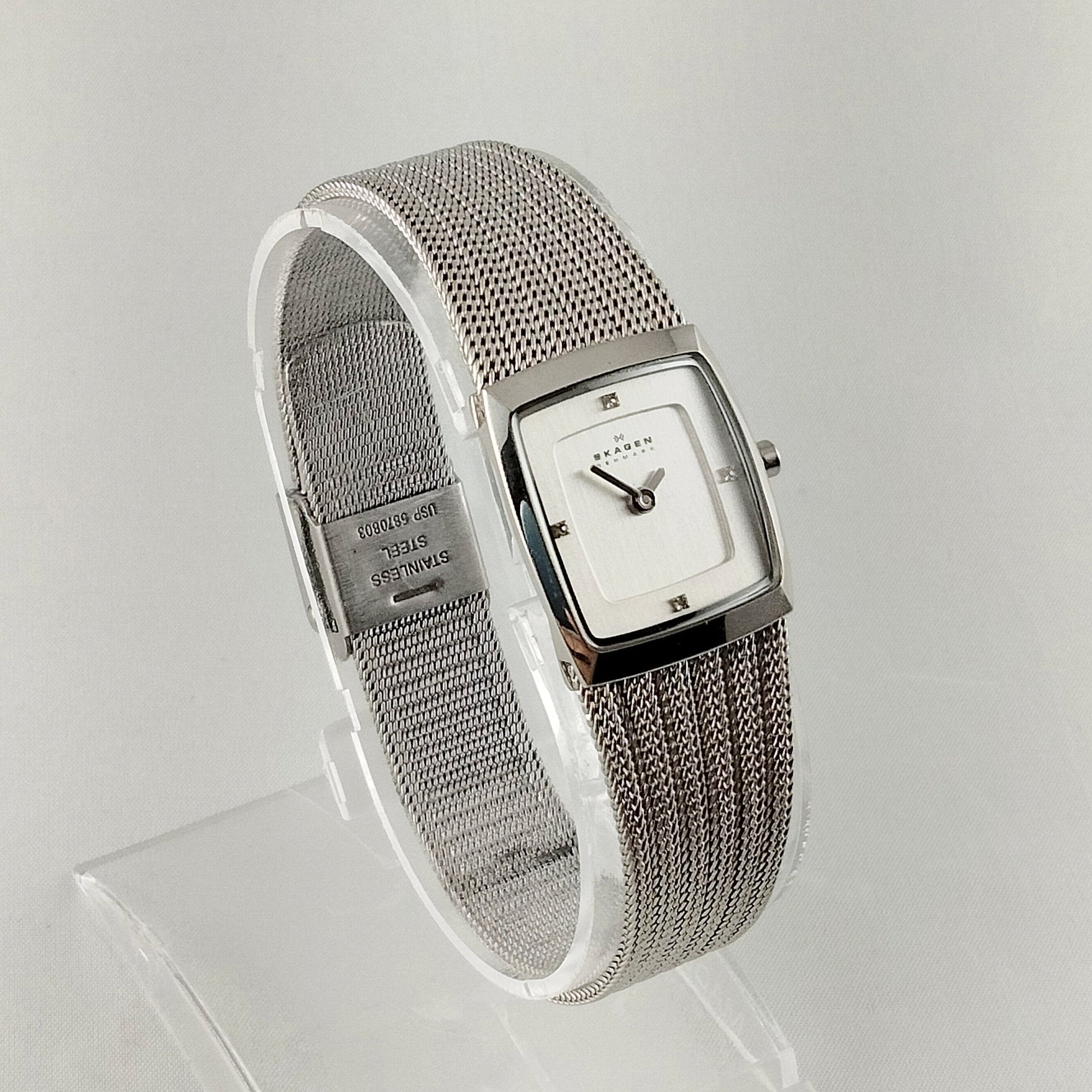 I Like Mikes Mid Century Modern Watches Skagen Unisex Stainless Steel Watch, Square Dial, Jewel Hour Markers, Mesh Strap