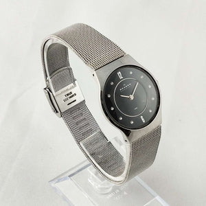I Like Mikes Mid Century Modern Watches Skagen Unisex Watch, Black Dial with Jewel Details, Mesh Strap