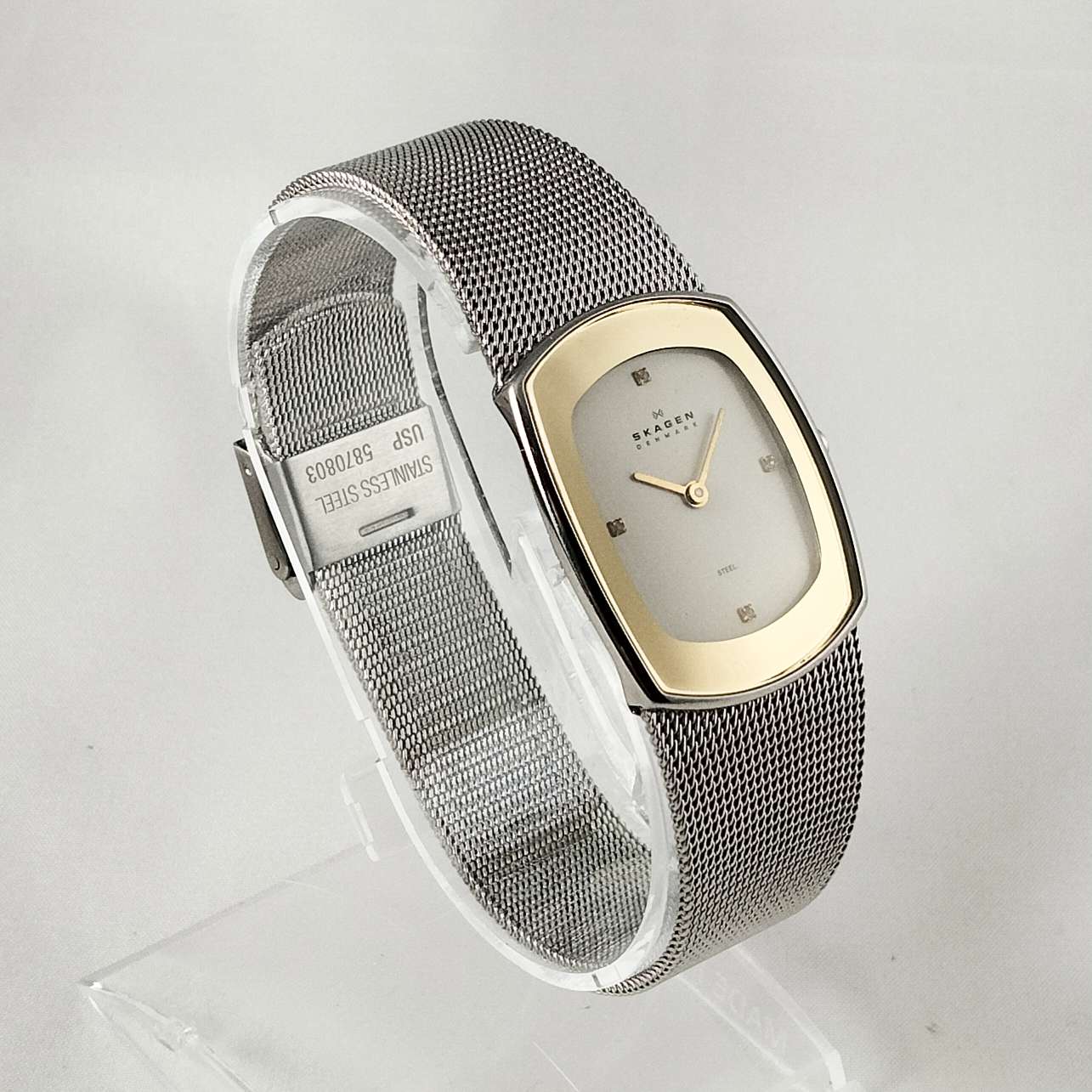 I Like Mikes Mid Century Modern Watches Skagen Unisex Watch, Elongated Dial, Gold Tone Details, Mesh Strap