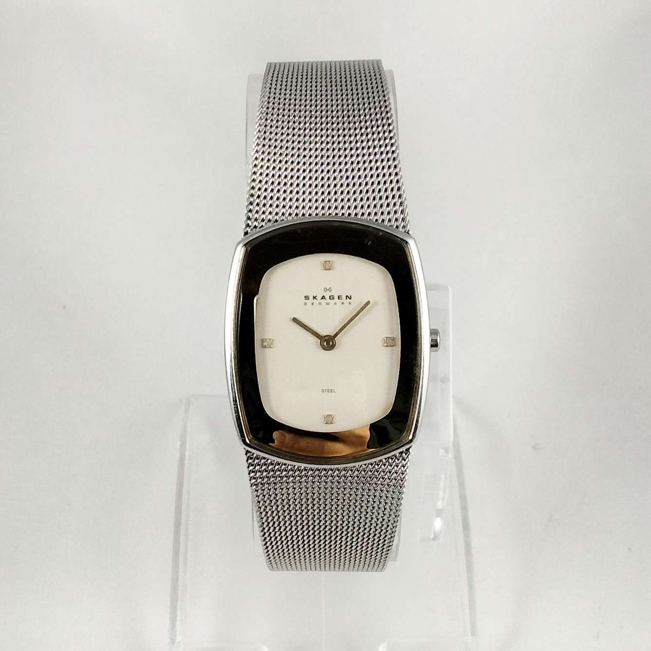 I Like Mikes Mid Century Modern Watches Skagen Unisex Watch, Elongated Dial, Gold Tone Details, Mesh Strap