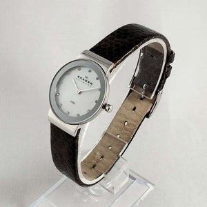 I Like Mikes Mid Century Modern Watches Skagen Unisex Watch, Mother of Pearl Dial, Genuine Patent Leather Strap
