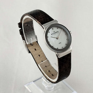 I Like Mikes Mid Century Modern Watches Skagen Unisex Watch, Mother of Pearl Dial, Genuine Patent Leather Strap