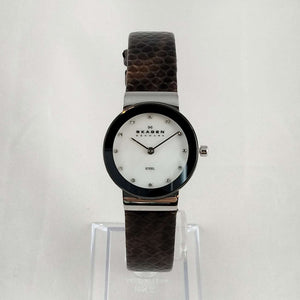 I Like Mikes Mid Century Modern Watches Skagen Unisex Watch, Mother of Pearl Dial, Genuine Patent Leather Strap