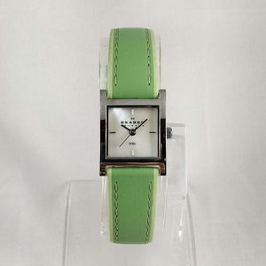I Like Mikes Mid Century Modern Watches Skagen Unisex Watch, Mother of Pearl Dial, Green Genuine Leather Strap