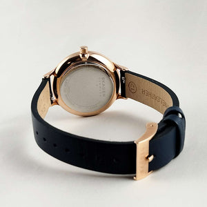 I Like Mikes Mid Century Modern Watches Skagen Unisex Watch, Mother of Pearl Dial, Rose Gold Tone Details, Navy Genuine Leather Strap