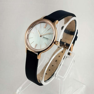 I Like Mikes Mid Century Modern Watches Skagen Unisex Watch, Mother of Pearl Dial, Rose Gold Tone Details, Navy Genuine Leather Strap