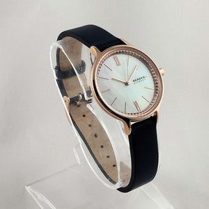 I Like Mikes Mid Century Modern Watches Skagen Unisex Watch, Mother of Pearl Dial, Rose Gold Tone Details, Navy Genuine Leather Strap