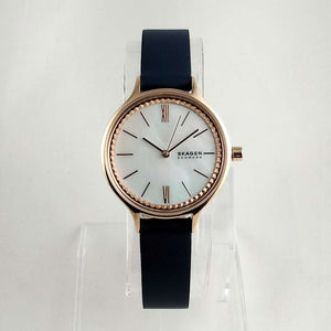 I Like Mikes Mid Century Modern Watches Skagen Unisex Watch, Mother of Pearl Dial, Rose Gold Tone Details, Navy Genuine Leather Strap