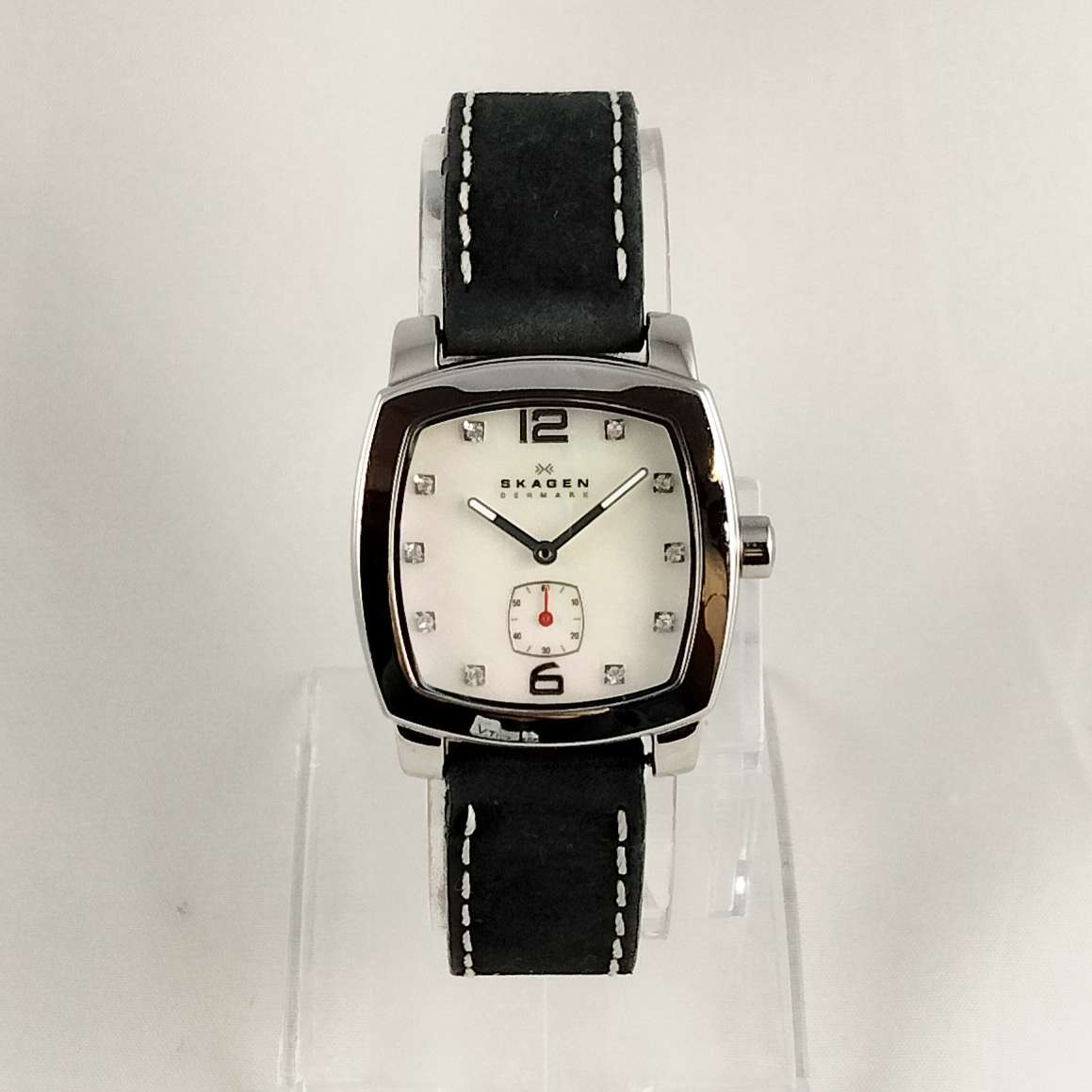 I Like Mikes Mid Century Modern Watches Skagen Unisex Watch, Mother of Pearl Dial with Jewel Hour Markers, Black Suede Strap