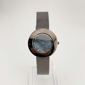I Like Mikes Mid Century Modern Watches Skagen Unisex Watch, Silver Tone and Jewel Details, Circular Mother of Pearl Dial, Adjustable Mesh Strap