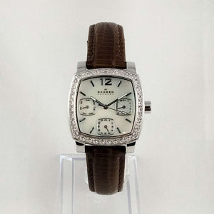 I Like Mikes Mid Century Modern Watches Skagen Unisex Watch, Square Mother of Pearl Dial, Brown Genuine Leather Strap