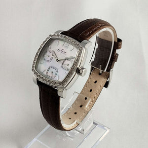 I Like Mikes Mid Century Modern Watches Skagen Unisex Watch, Square Mother of Pearl Dial, Brown Genuine Leather Strap