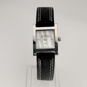 I Like Mikes Mid Century Modern Watches Skagen Watch, Square Mother of Pearl Dial, Genuine Black Leather Strap with Contrast Stitching