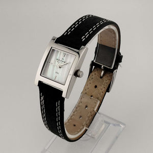 I Like Mikes Mid Century Modern Watches Skagen Watch, Square Mother of Pearl Dial, Genuine Black Leather Strap with Contrast Stitching