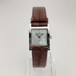 I Like Mikes Mid Century Modern Watches Skagen Watch, Square Mother of Pearl Dial, Genuine Brown Leather Strap