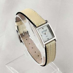 I Like Mikes Mid Century Modern Watches Skagen Watch, Square Mother of Pearl Dial, Genuine Patent Leather Strap