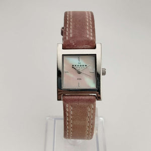 I Like Mikes Mid Century Modern Watches Skagen Watch, Square Pink Mother of Pearl Dial, Genuine Pink Leather Strap