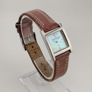 I Like Mikes Mid Century Modern Watches Skagen Watch, Square Pink Mother of Pearl Dial, Genuine Pink Leather Strap