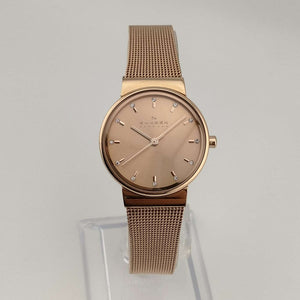 I Like Mikes Mid Century Modern Watches Skagen Women Rose Gold Tone Watch, Jewel Hour Markers, Adjustable Mesh Strap
