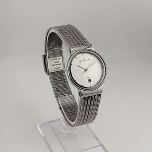 I Like Mikes Mid Century Modern Watches Skagen Women's All Silver Tone Watch, Minimal Round Face, Date Window, Mesh Strap