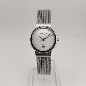 I Like Mikes Mid Century Modern Watches Skagen Women's All Silver Tone Watch, Minimal Round Face, Date Window, Mesh Strap