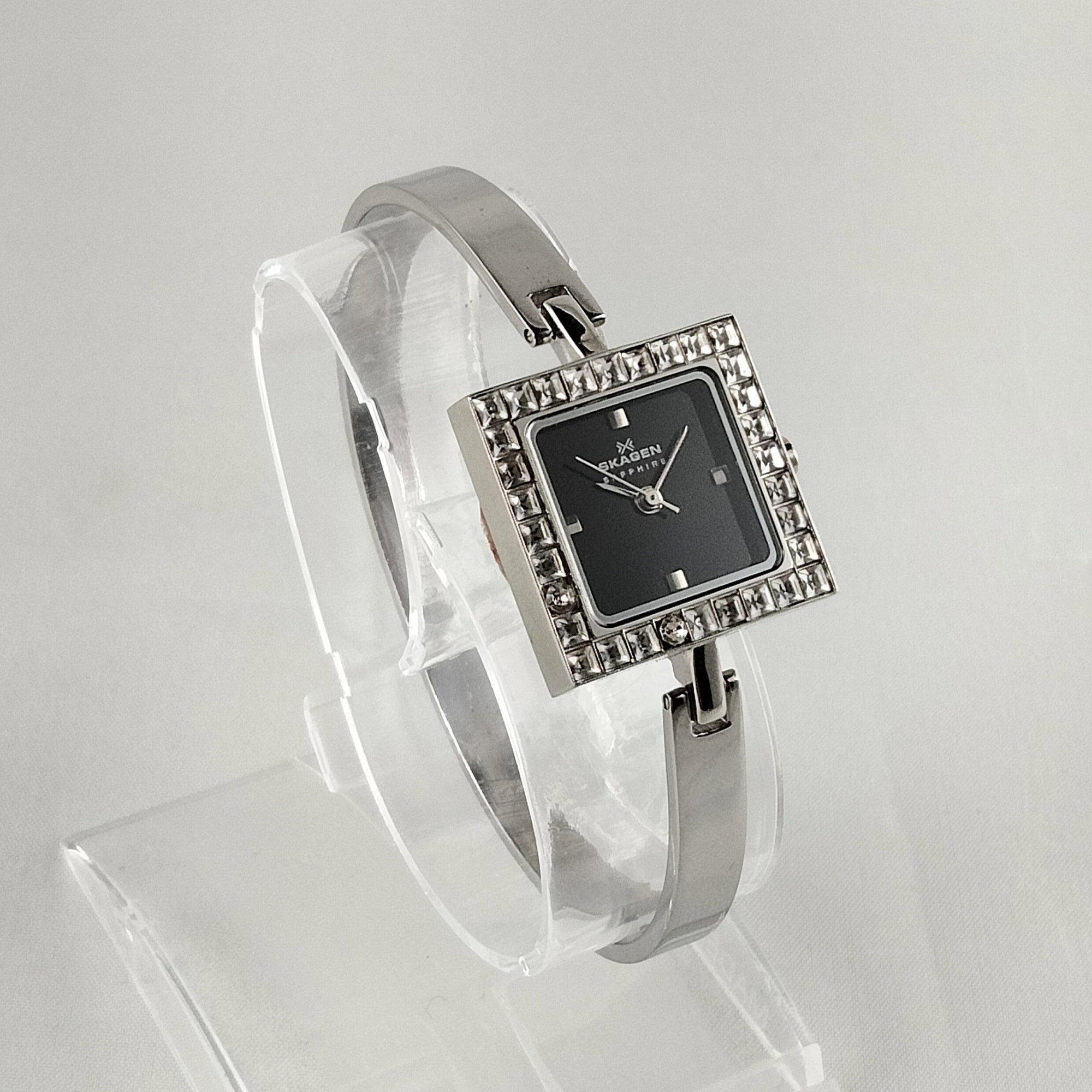I Like Mikes Mid Century Modern Watches Skagen Women's Bangle Stainless Steel Watch, Black Dial with Jewel Frame