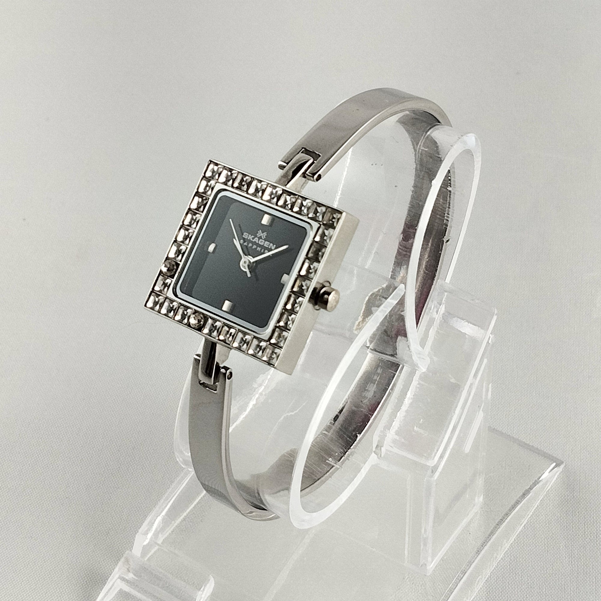 I Like Mikes Mid Century Modern Watches Skagen Women's Bangle Stainless Steel Watch, Black Dial with Jewel Frame