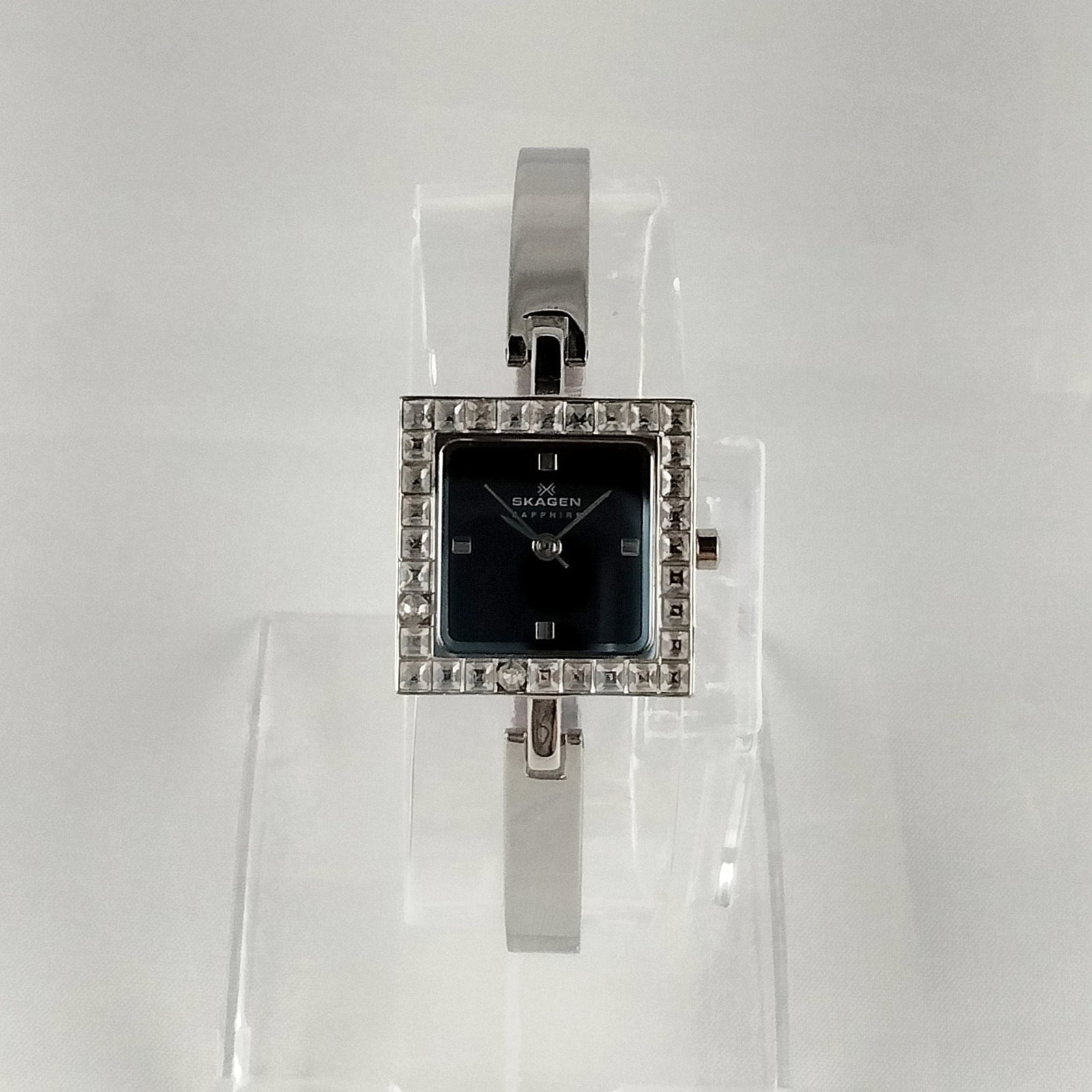 I Like Mikes Mid Century Modern Watches Skagen Women's Bangle Stainless Steel Watch, Black Dial with Jewel Frame