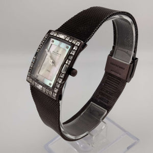 I Like Mikes Mid Century Modern Watches Skagen Women's Brown Rectangular Dial, Jeweled Border, Brown Mesh Band
