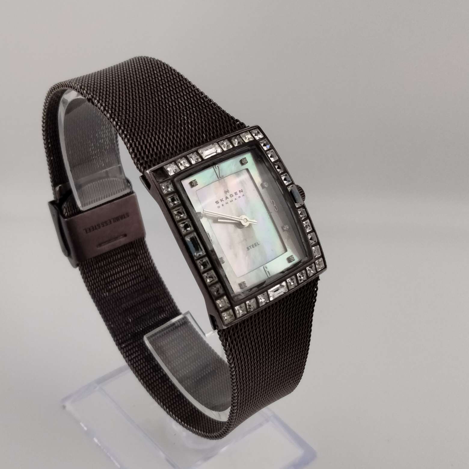 I Like Mikes Mid Century Modern Watches Skagen Women's Brown Rectangular Dial, Jeweled Border, Brown Mesh Band