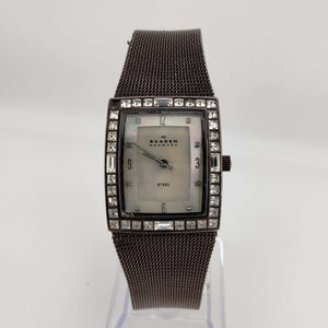 I Like Mikes Mid Century Modern Watches Skagen Women's Brown Rectangular Dial, Jeweled Border, Brown Mesh Band