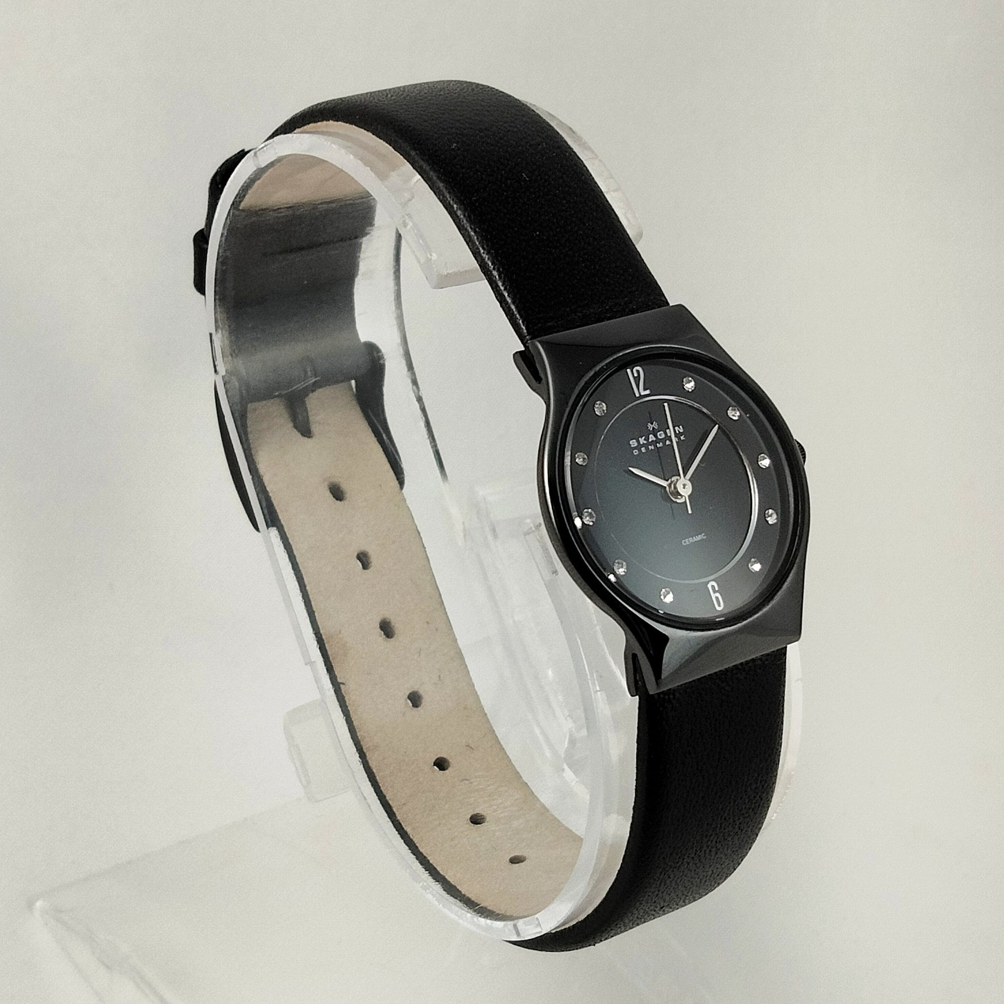 I Like Mikes Mid Century Modern Watches Skagen Women's Ceramic and Stainless Steel Watch, Black Dial with Jewel Hour Markers, Black Genuine Leather Strap