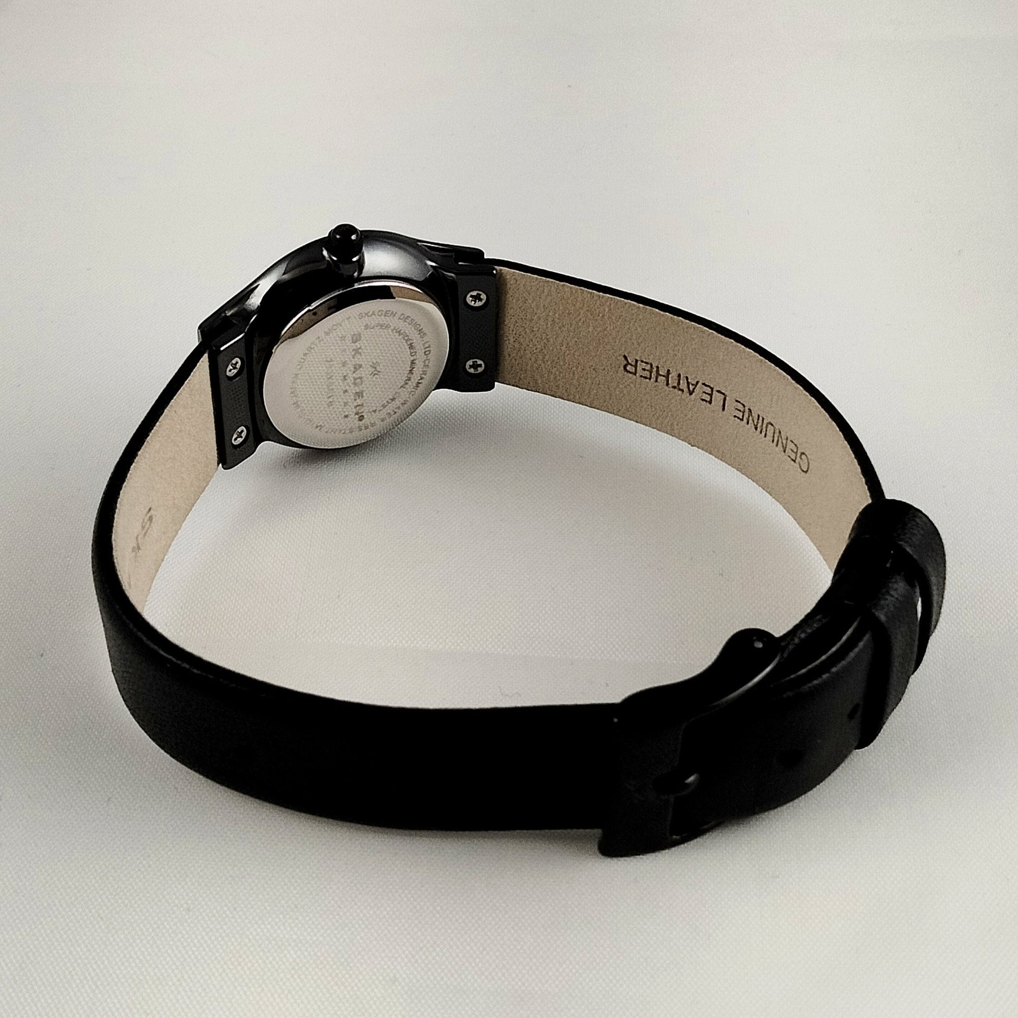 I Like Mikes Mid Century Modern Watches Skagen Women's Ceramic and Stainless Steel Watch, Black Dial with Jewel Hour Markers, Black Genuine Leather Strap