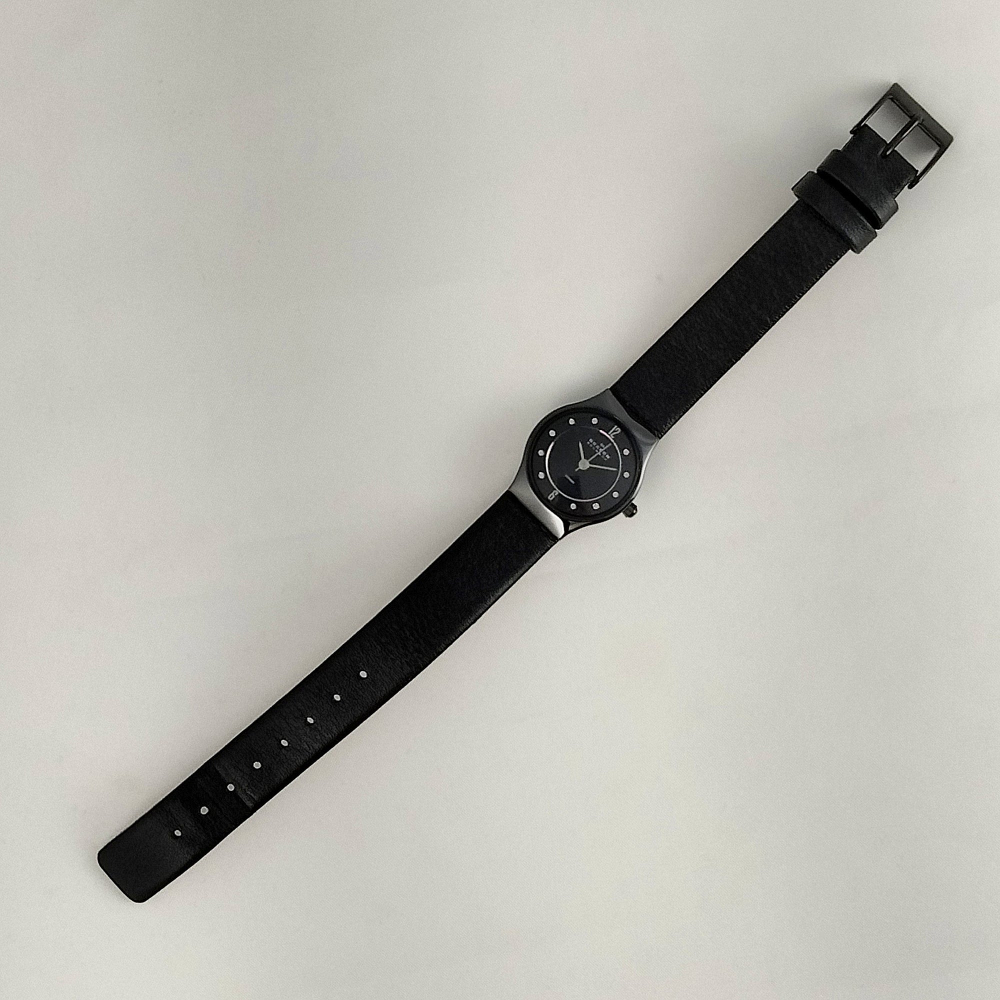 I Like Mikes Mid Century Modern Watches Skagen Women's Ceramic and Stainless Steel Watch, Black Dial with Jewel Hour Markers, Black Genuine Leather Strap