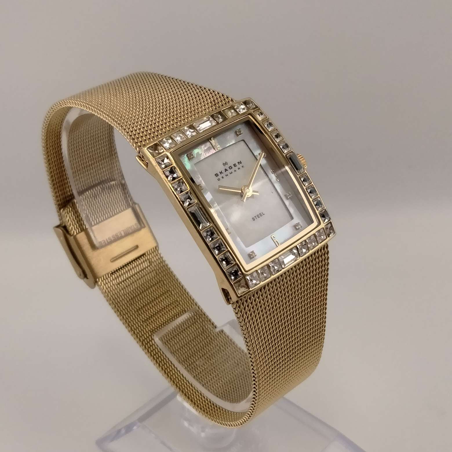 I Like Mikes Mid Century Modern Watches Skagen Women's Gold Tone Rectangular Dial, Jeweled Border, Gold Mesh Band