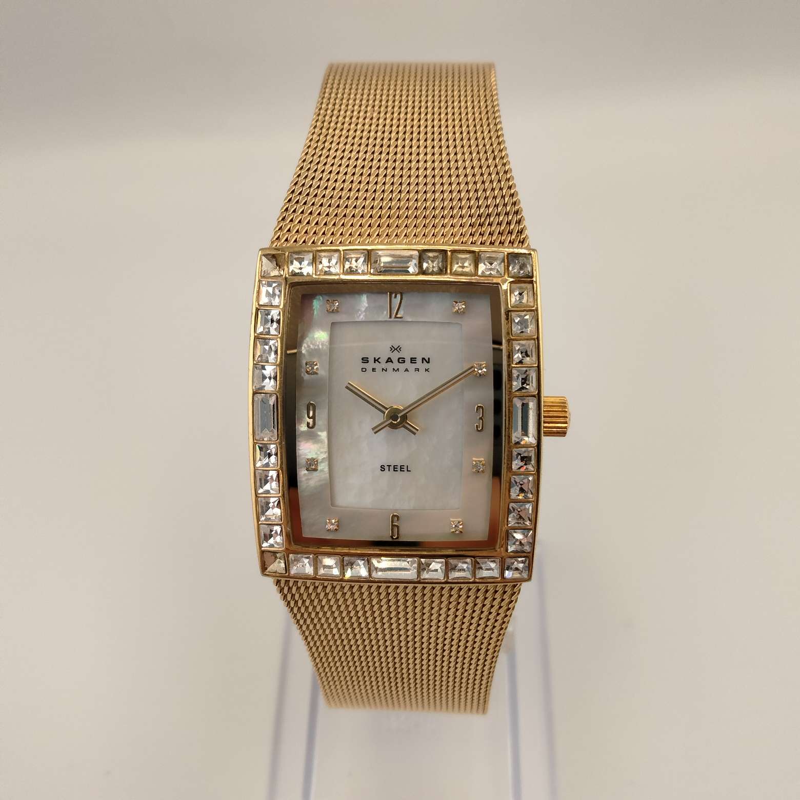 I Like Mikes Mid Century Modern Watches Skagen Women's Gold Tone Rectangular Dial, Jeweled Border, Gold Mesh Band