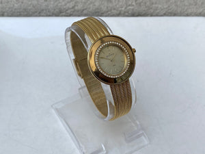 I Like Mikes Mid Century Modern Watches Skagen Women's Goldtone Round Gold Dial Jeweled Border Gold Mesh Band