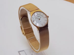 I Like Mikes Mid Century Modern Watches Skagen Women's Goldtone Round Mother of Pearl Dial Mesh Band