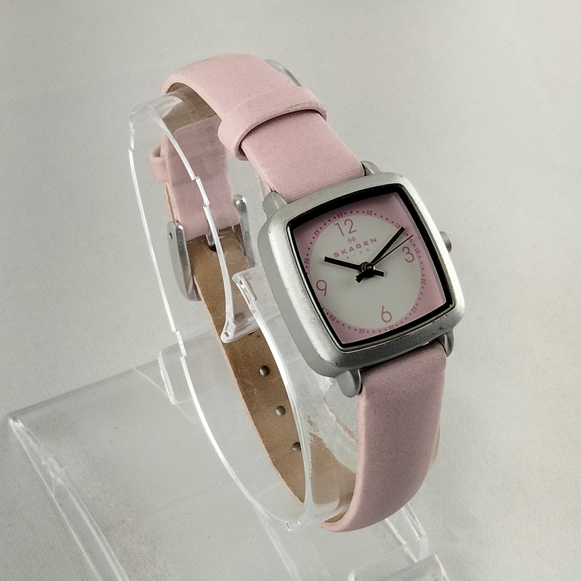 I Like Mikes Mid Century Modern Watches Skagen Women's or Kid's Stainless Steel Watch, Pink and White Dial, Light Pink Leather Strap