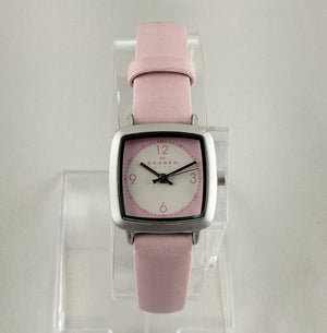I Like Mikes Mid Century Modern Watches Skagen Women's or Kid's Stainless Steel Watch, Pink and White Dial, Light Pink Leather Strap