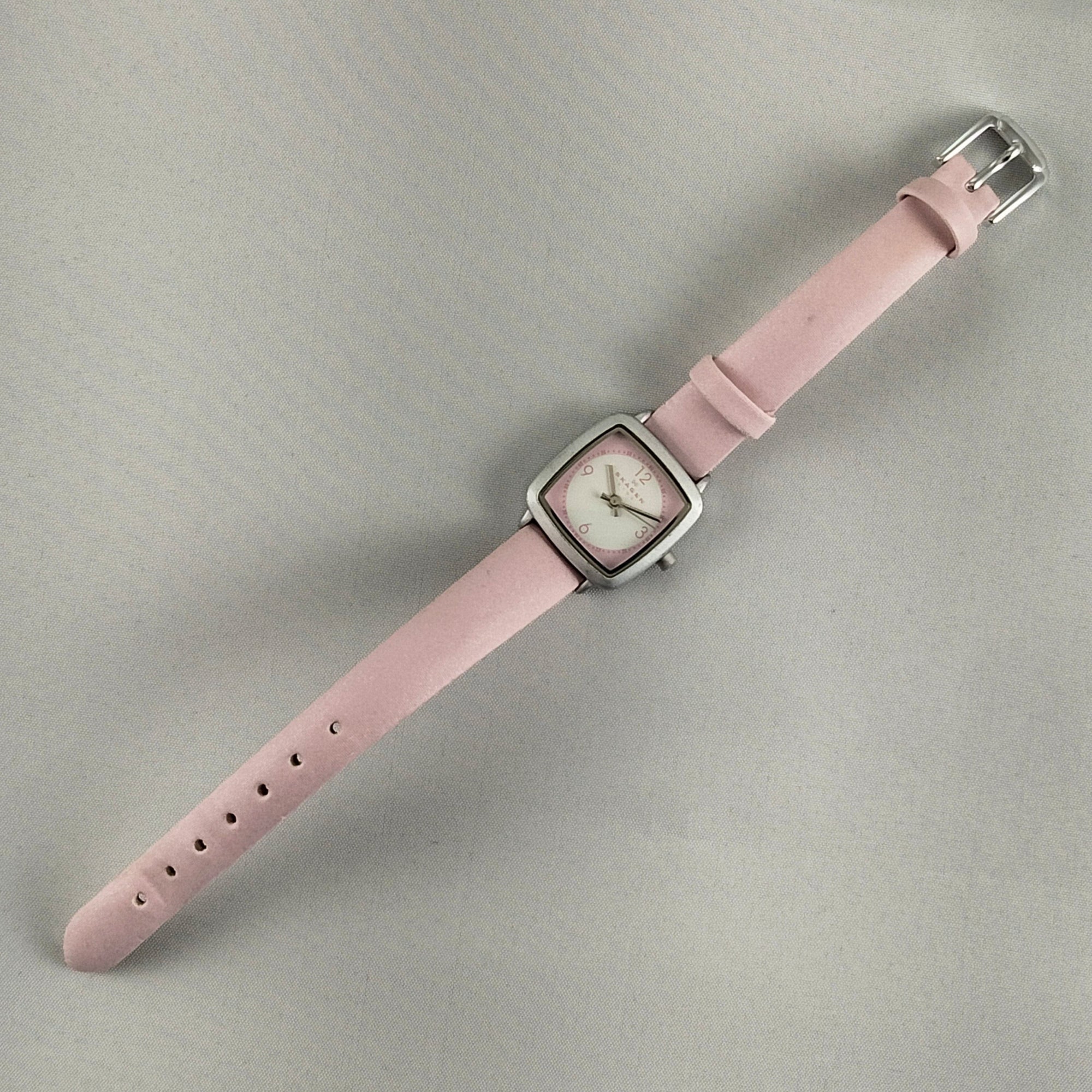 I Like Mikes Mid Century Modern Watches Skagen Women's or Kid's Stainless Steel Watch, Pink and White Dial, Light Pink Leather Strap