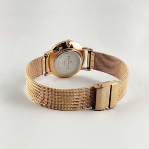I Like Mikes Mid Century Modern Watches Skagen Women's Oversized Watch, Mother of Pearl Dial, Rose Gold Tone Details, Mesh Strap