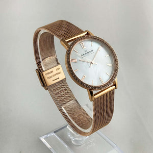 I Like Mikes Mid Century Modern Watches Skagen Women's Oversized Watch, Mother of Pearl Dial, Rose Gold Tone Details, Mesh Strap