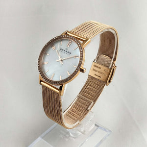 I Like Mikes Mid Century Modern Watches Skagen Women's Oversized Watch, Mother of Pearl Dial, Rose Gold Tone Details, Mesh Strap