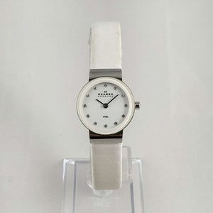I Like Mikes Mid Century Modern Watches Skagen Women's Petite Watch, Jewel Details, White Genuine Leather Strap